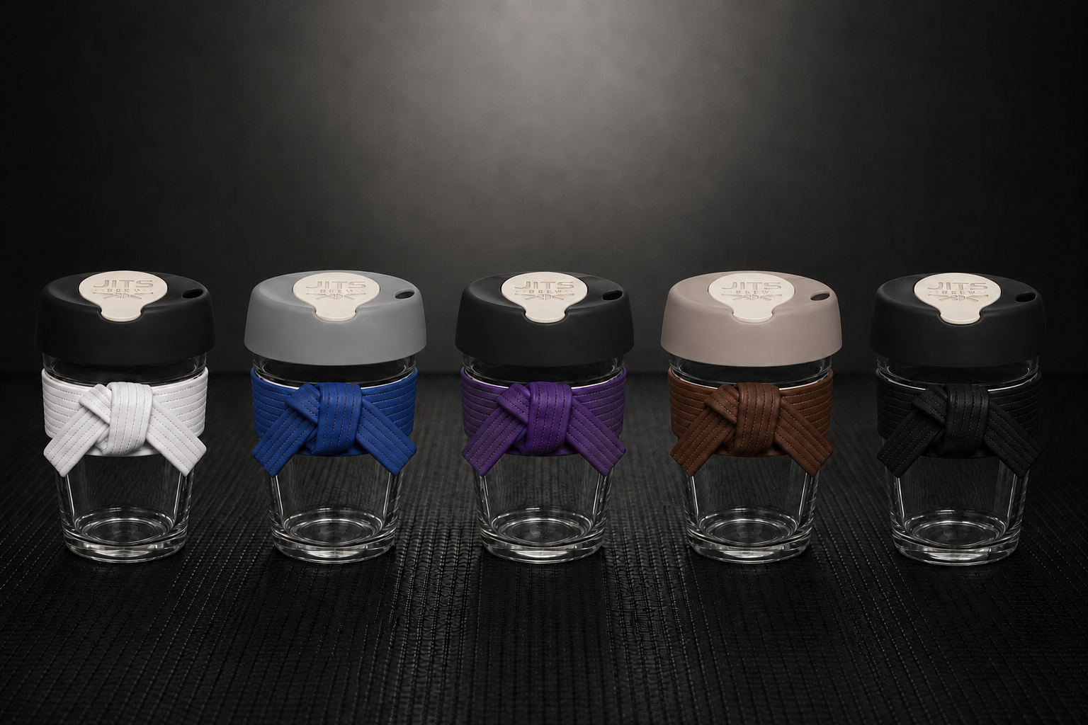 All five Jits Brew cups — white, blue, purple, brown, black
