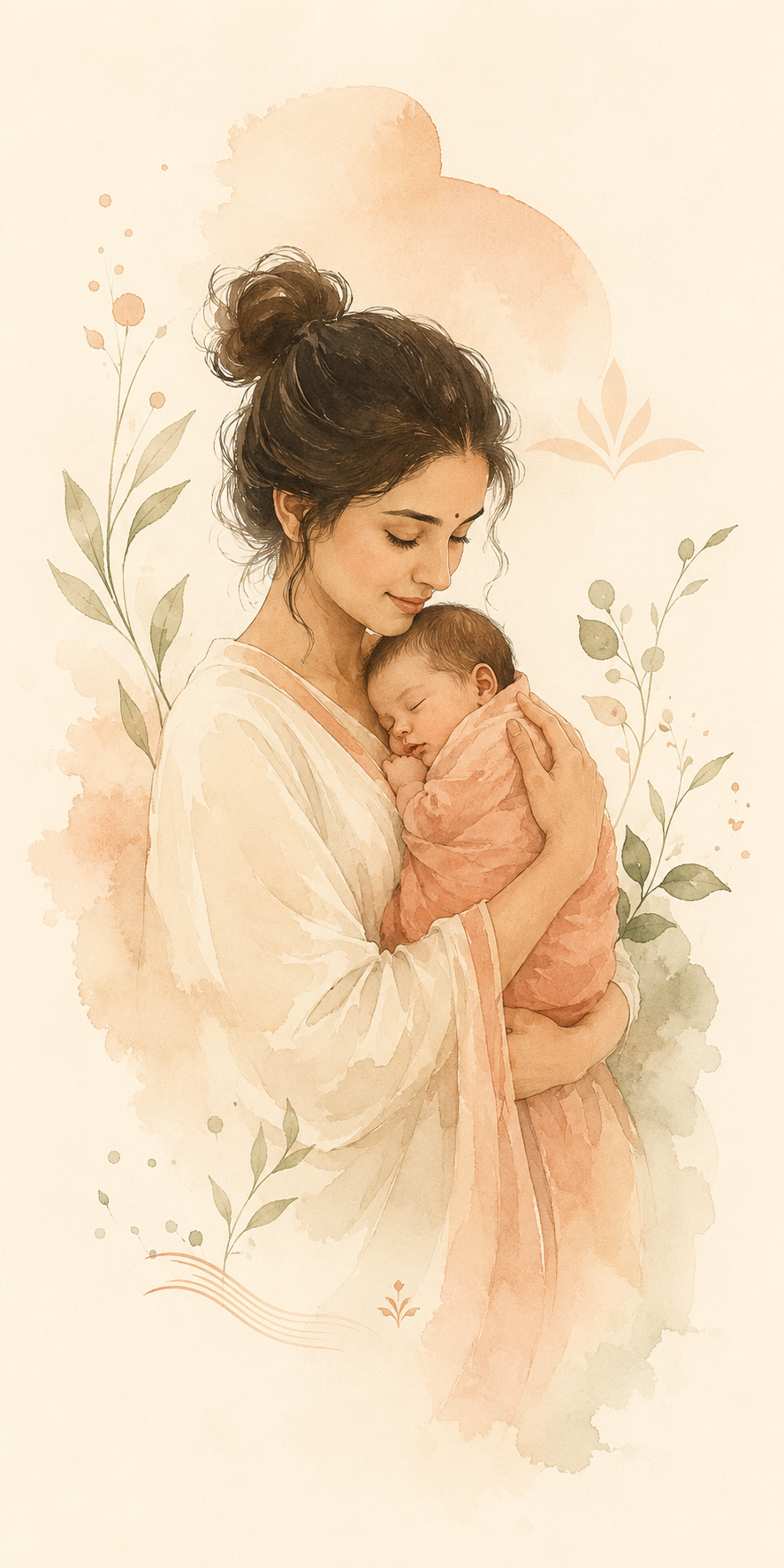 A mother holding her newborn, an illustration of the unhurried Ayurvedic postnatal care that defines Kakkanat, Kerala
