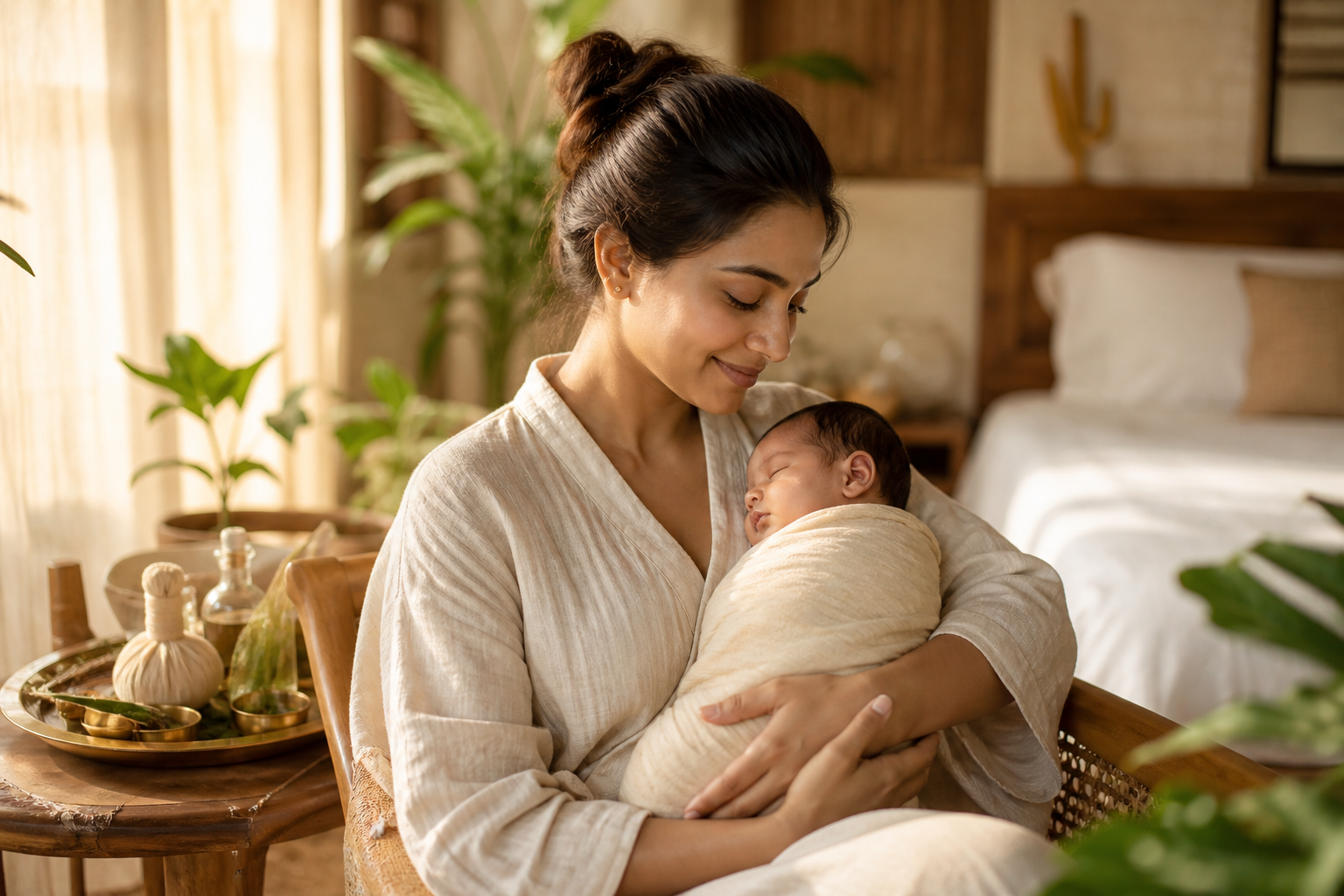 A serene mother holding her newborn baby at Kakkanat, an Ayurvedic postnatal care retreat in Kerala