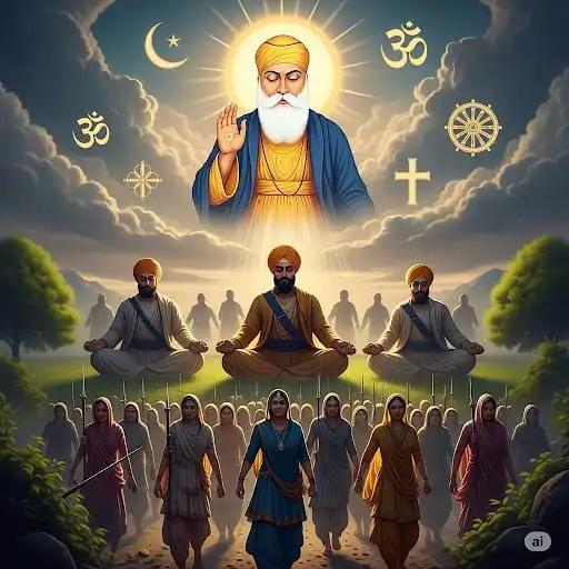 Spiritual unity and community - Guru Nanak Dev Ji with diverse community in harmony