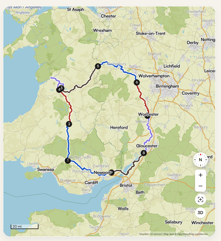 Route map — Home to home via the River Severn, 352-mile loop from Rhigos through Shrewsbury, Worcester, Gloucester and back