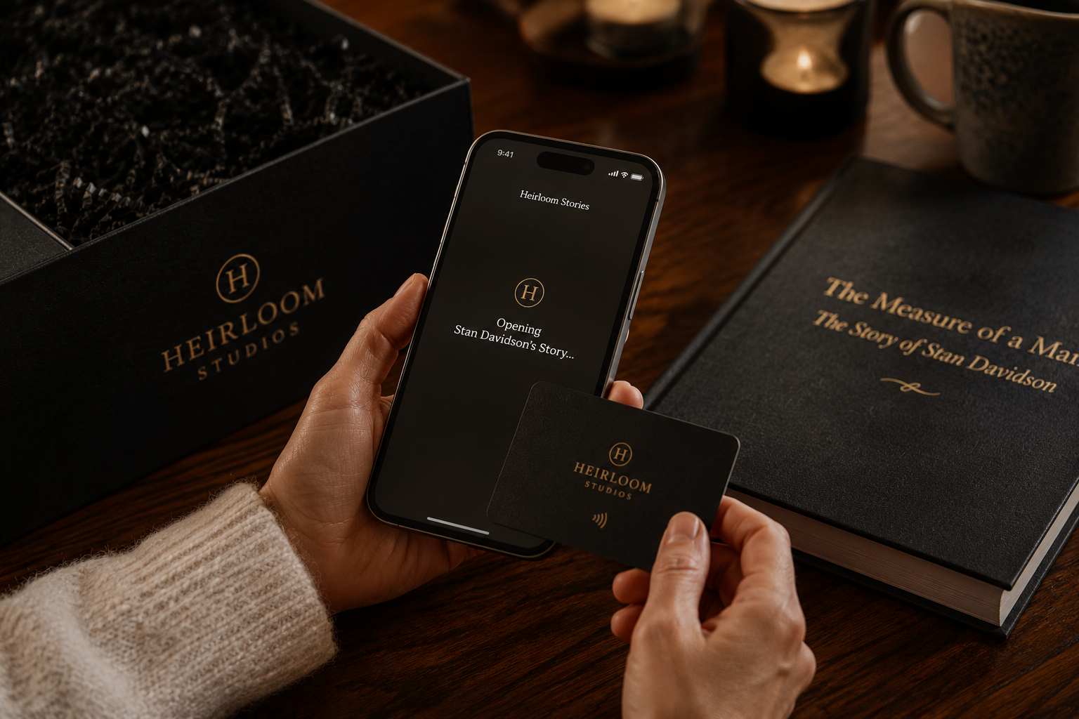 Tapping the NFC access card to open a loved one's story