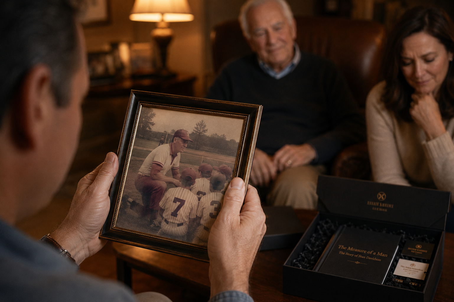 Father holding baseball photo — legacy, memory, family