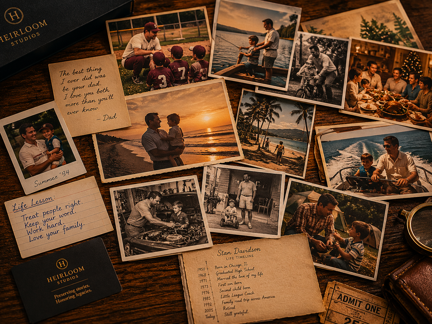 Curated family photographs and life timeline