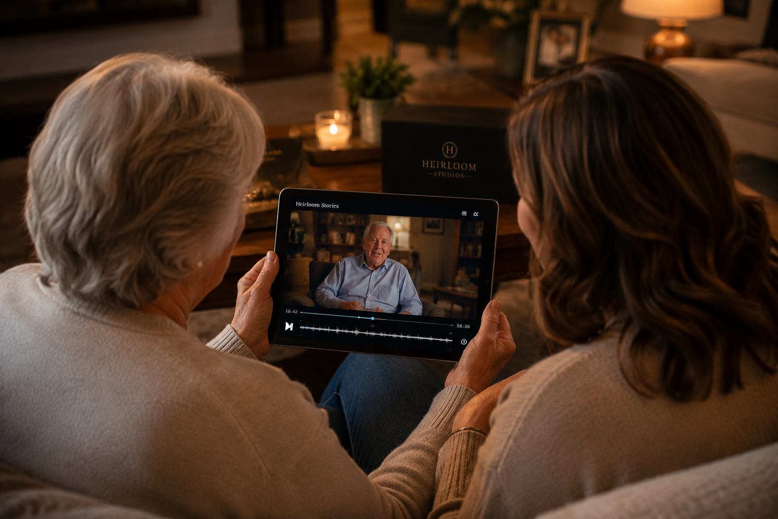 Family watching their loved one's story film together