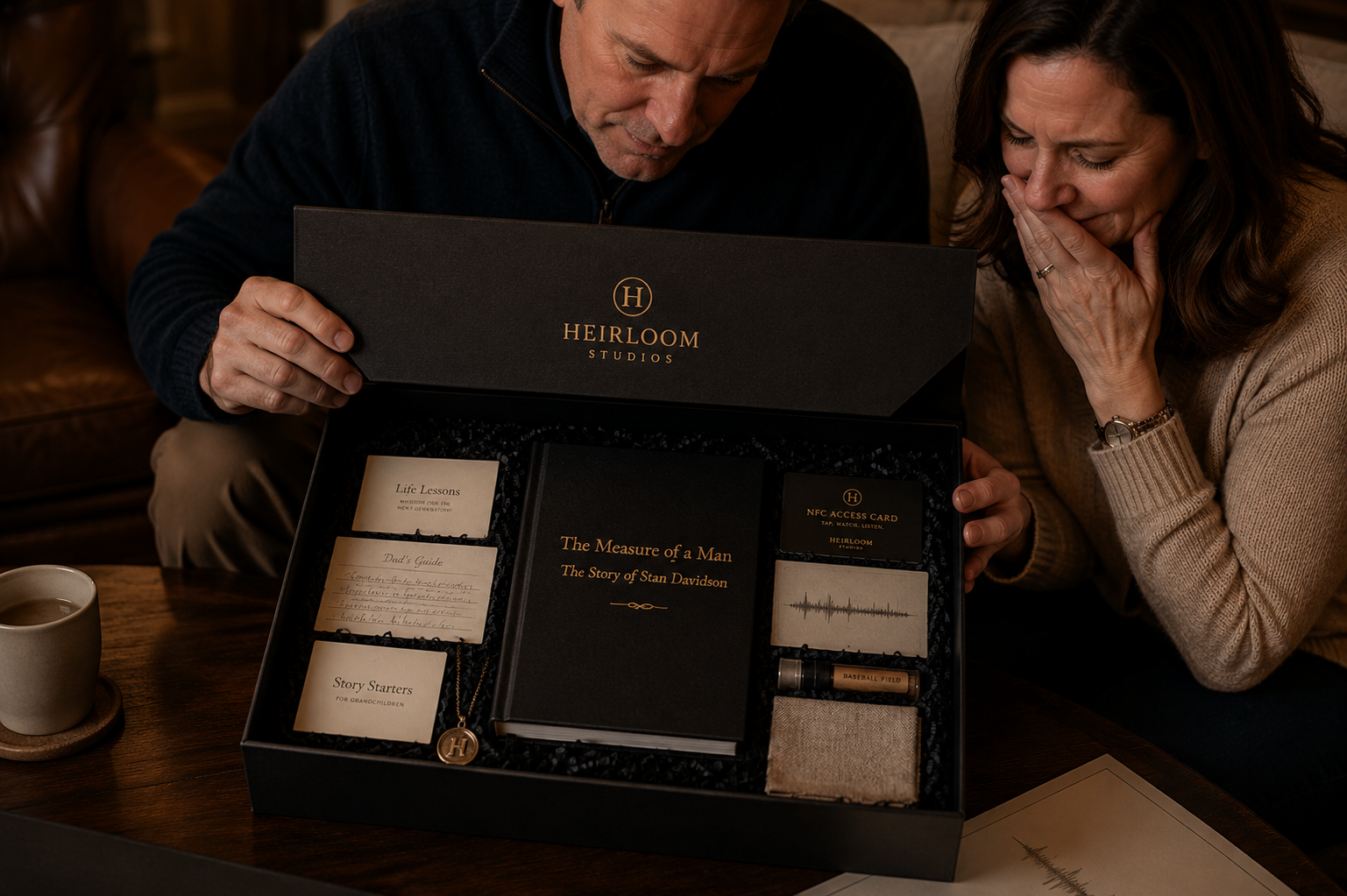 Family opening the Heirloom Studios box together