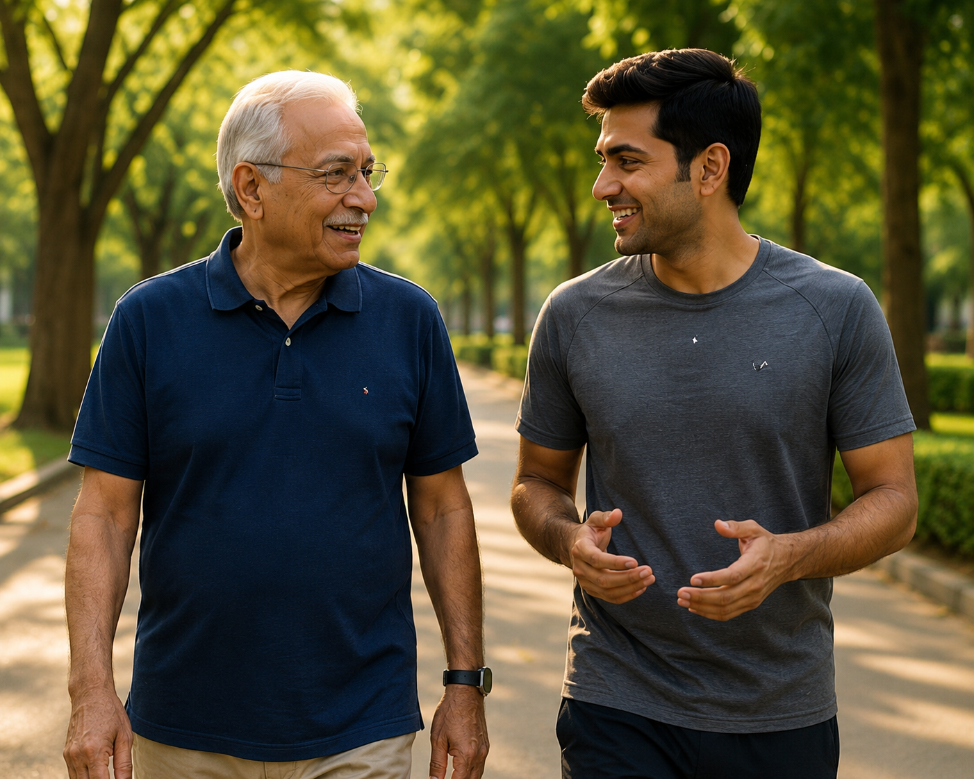 Two men walking in park