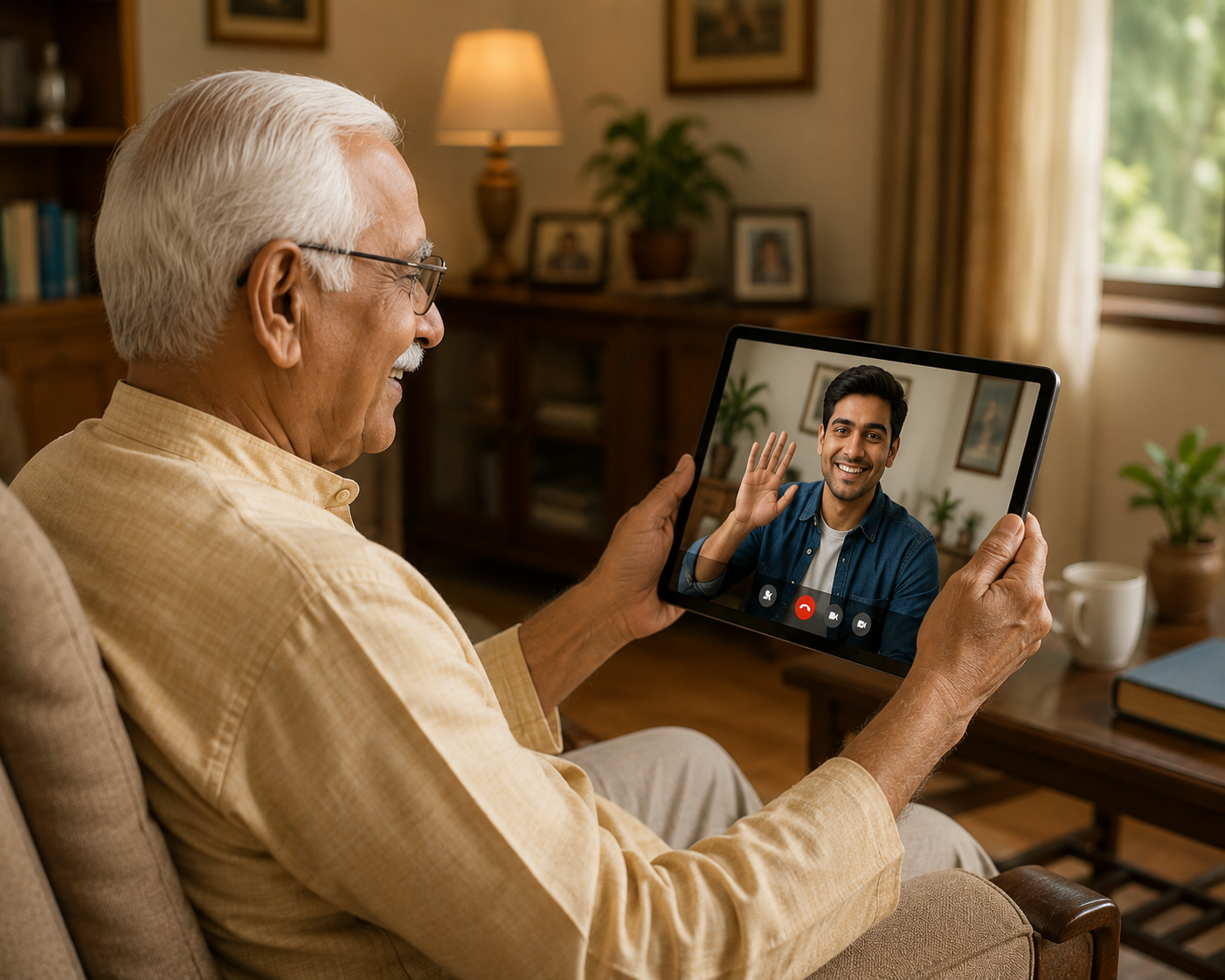 Elderly man on video call