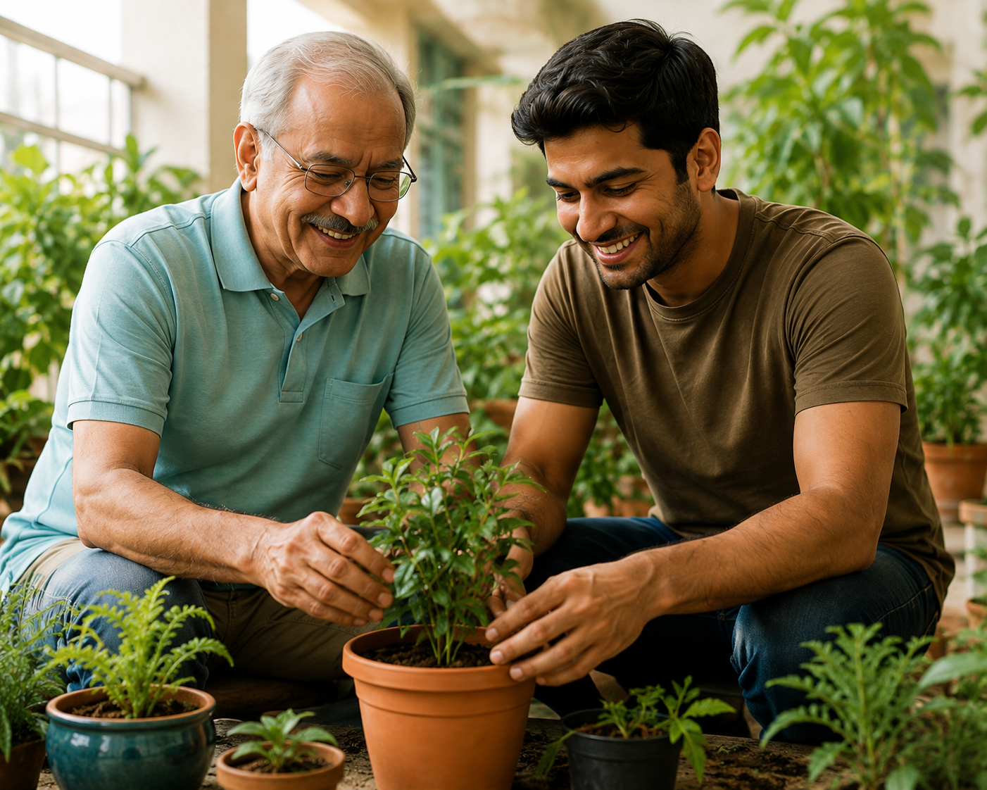 Elder and companion gardening together