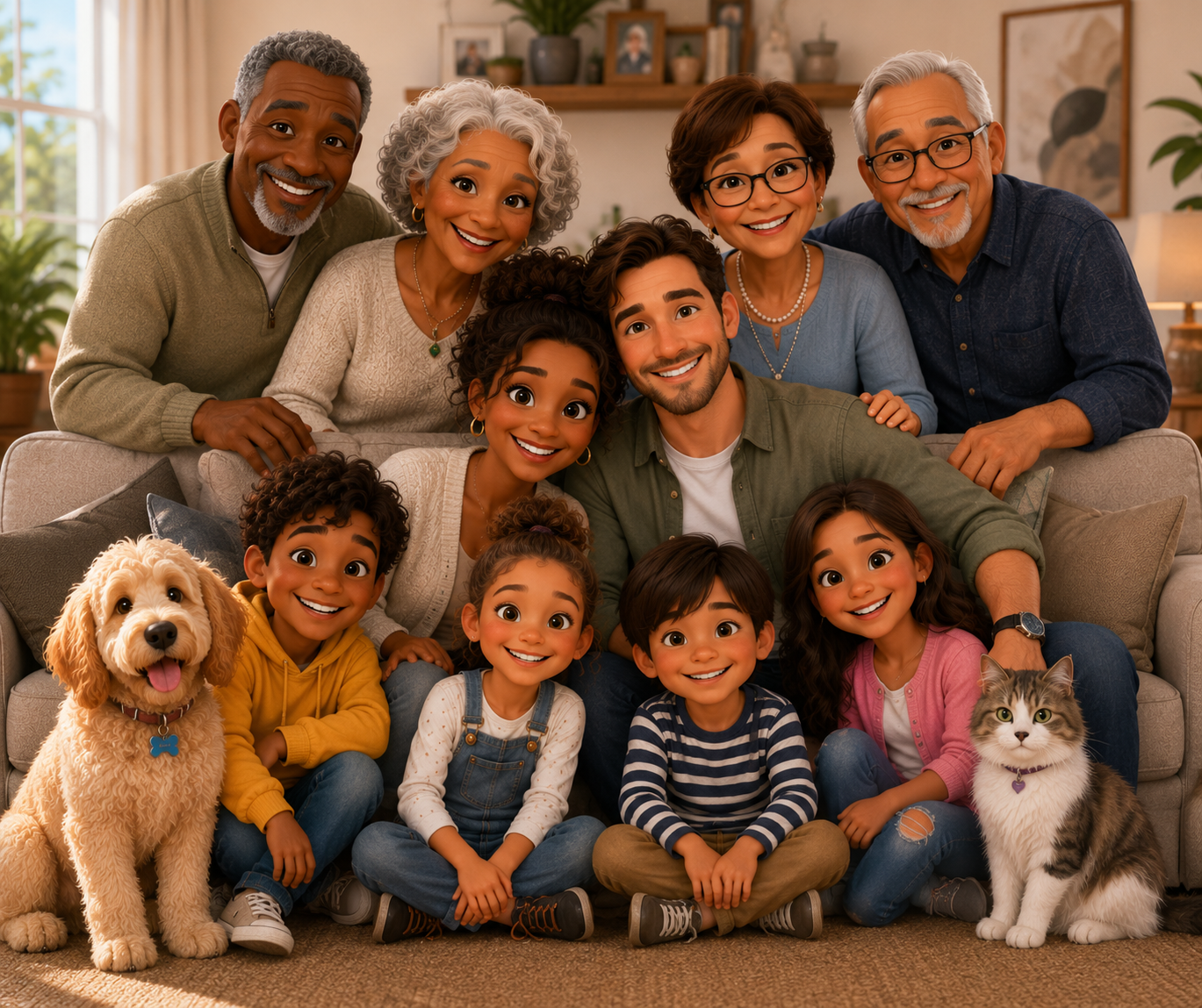 Illustrated multi-generational family together at home