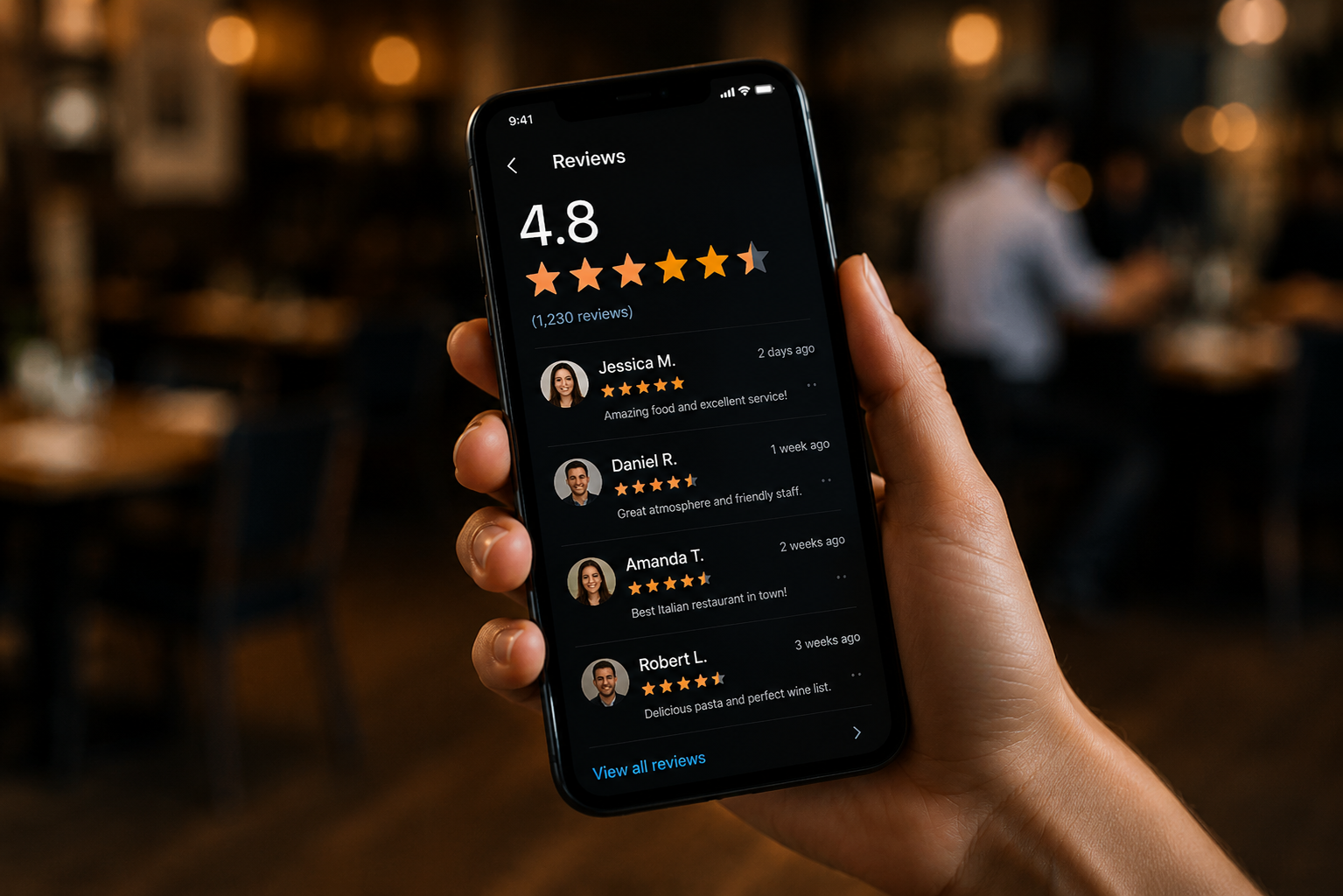 Smartphone review feed showing a 4.8-star average across 1,200+ recent reviews, positive comments about food, service and atmosphere.