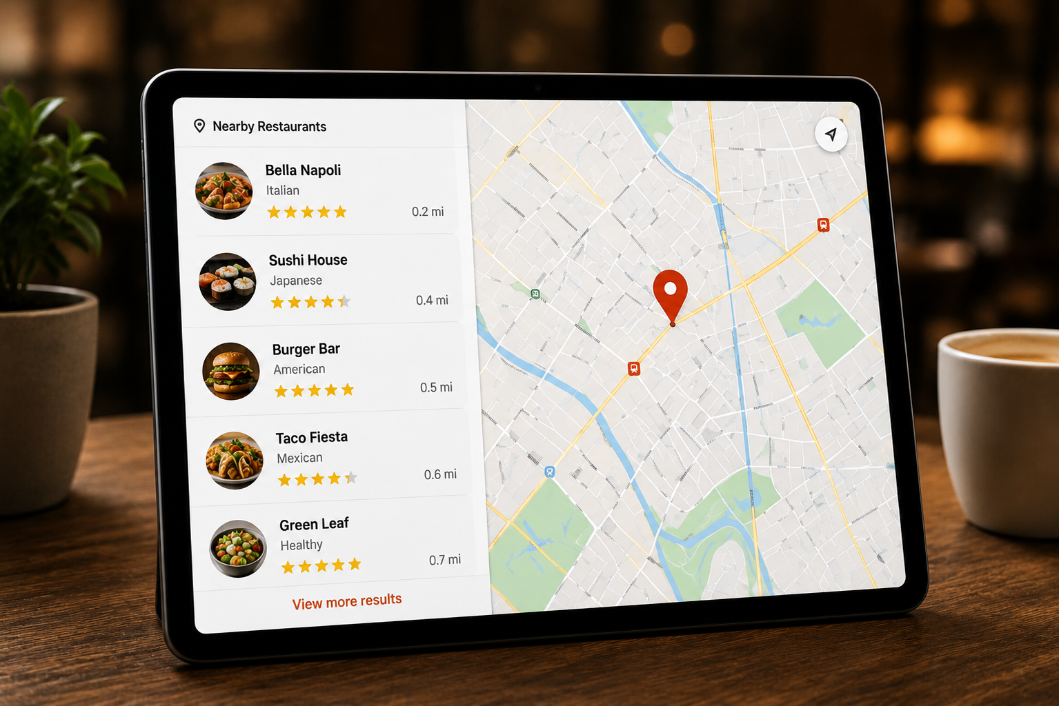Tablet showing a local map with nearby restaurants — cuisine, star ratings and distance — the surface a diner actually uses to choose where to eat.