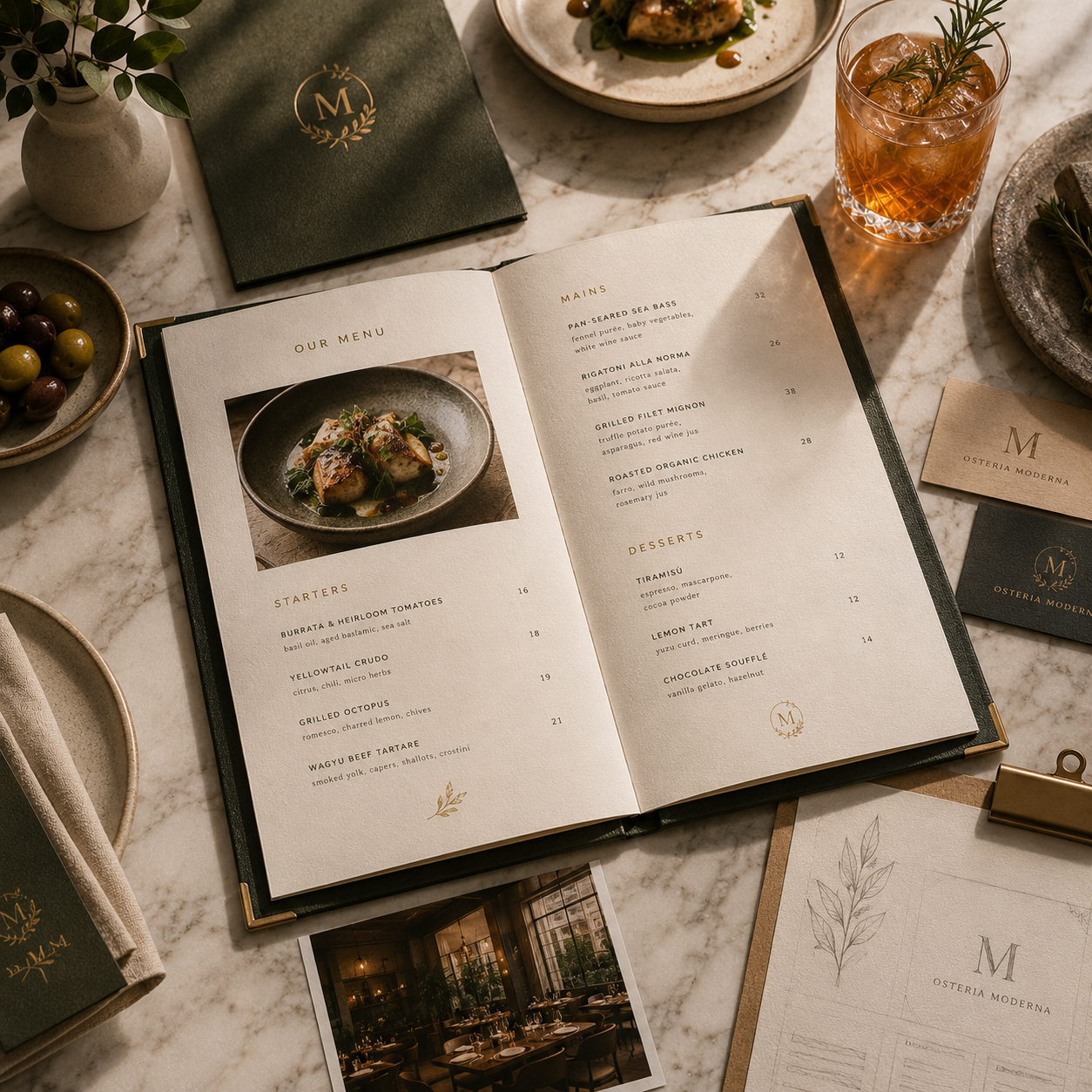 Editorial Osteria Moderna menu book opened on a marble table — starters, mains and desserts in gold typography with a plated dish photograph, next to olives, whiskey cocktail, business cards and printed brand collateral.