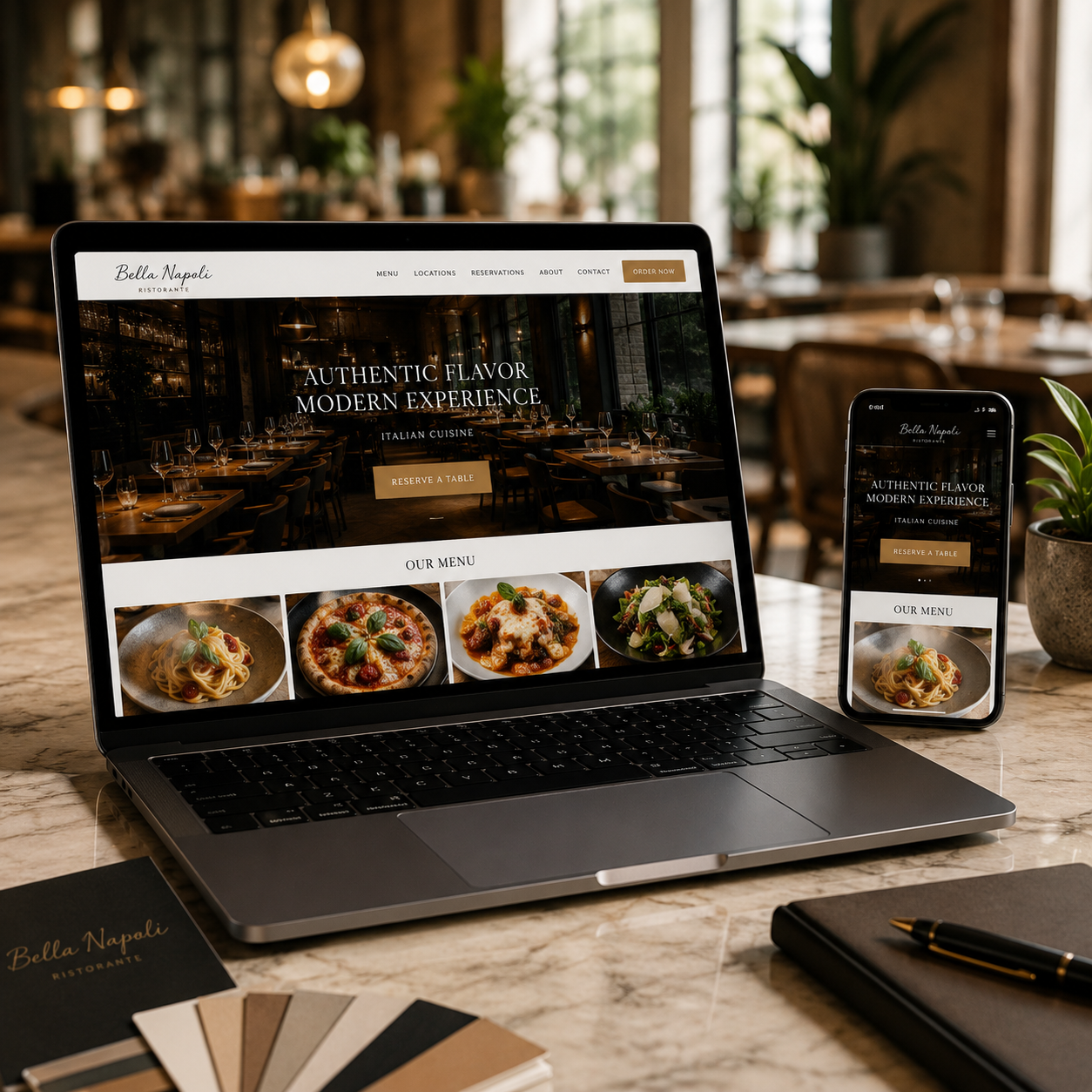 Bella Napoli Ristorante website mockup on a MacBook and iPhone, staged on a marble counter with brand collateral, business card and color swatches in warm restaurant ambience.