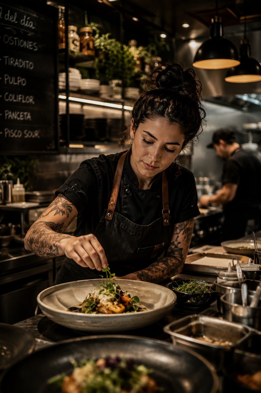 Female chef with tattoos plating a dish at an open kitchen counter, "menú del día" chalkboard behind, moody spotlight from above.