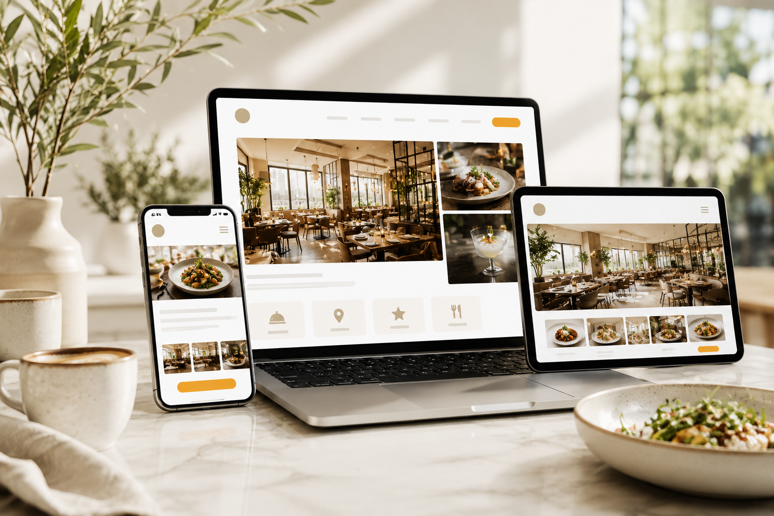 Restaurant website displayed across laptop, tablet and phone in a warm, sunlit setting — responsive design crafted by Kitxens.