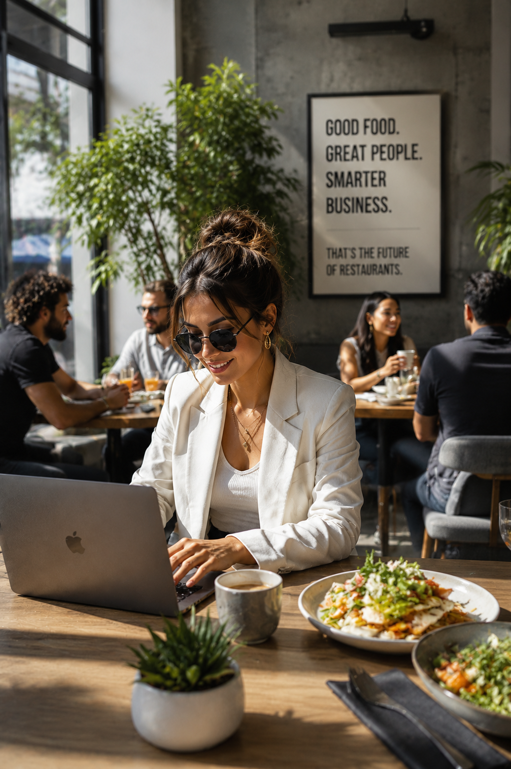 Sophisticated diner in a white blazer working on a MacBook at a bright modern restaurant — coffee, plated dishes and a "Good food. Great people. Smarter business — that's the future of restaurants." poster on the wall.