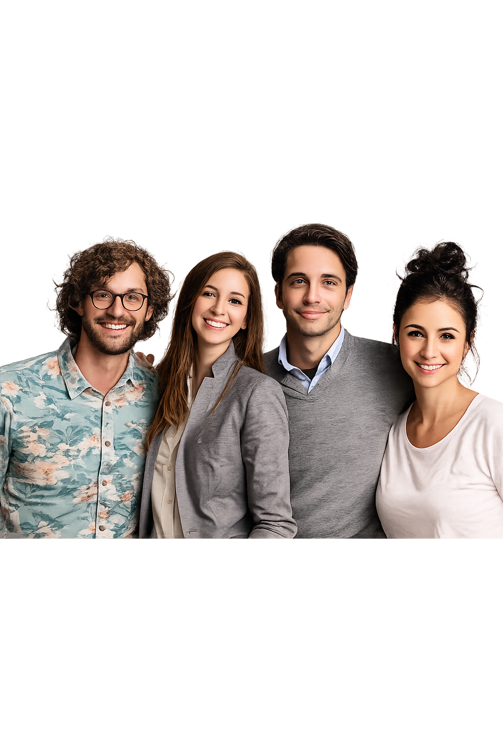Restaurant management team of four smiling professionals photographed against a black studio backdrop.