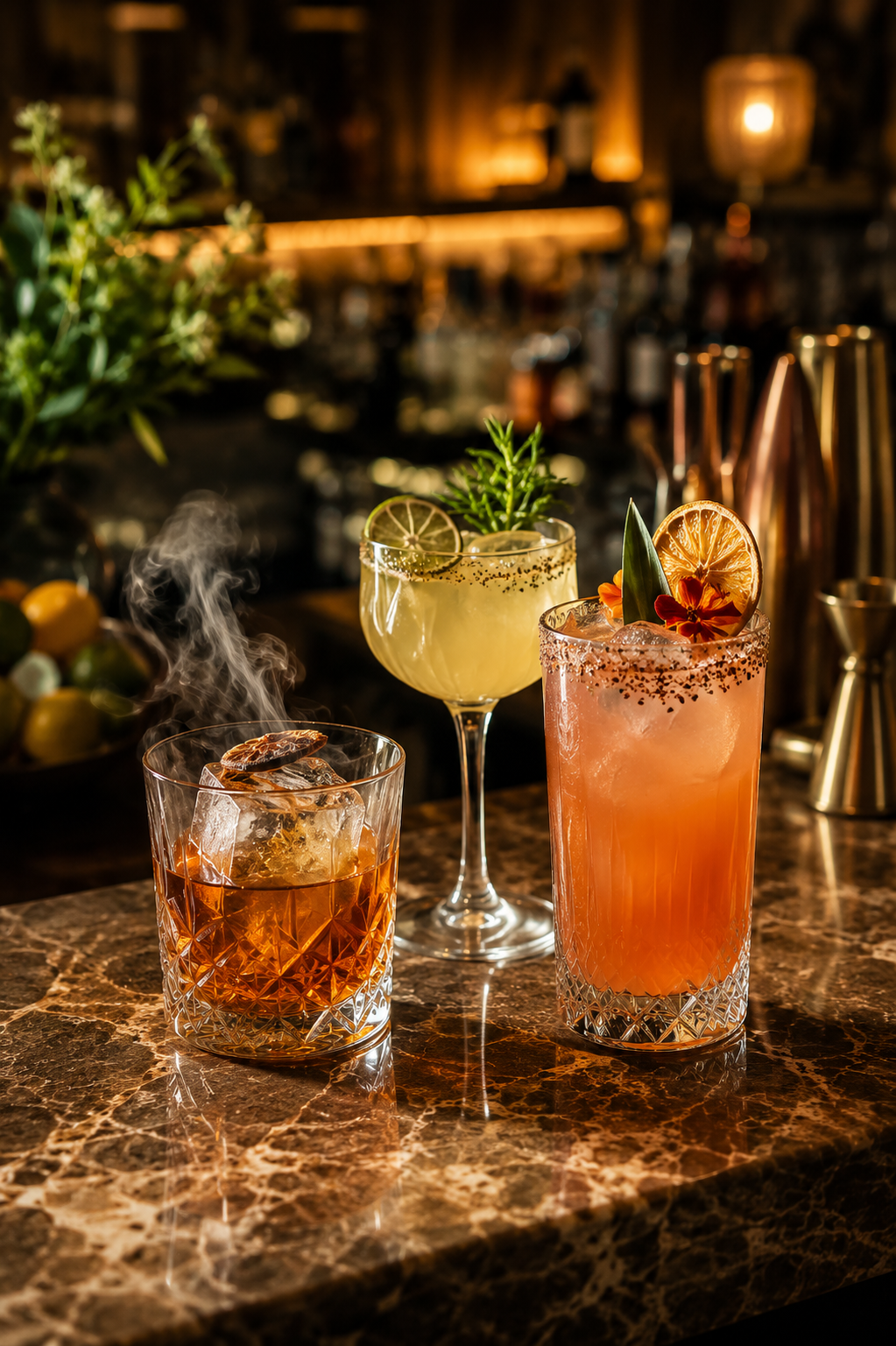 Three signature cocktails on a marble bar under warm ambient bar light — smoked old fashioned with a dehydrated citrus wheel, coupé with rosemary sprig and lime, and a spicy mezcal serve.