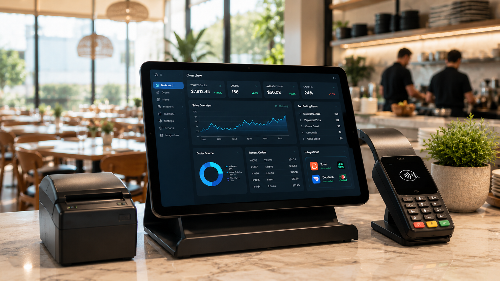 Cloud-based restaurant POS terminal on a marble counter — dark dashboard with sales overview, orders, top-selling items and connected integrations (Toast, Uber Eats, DoorDash) — flanked by a thermal printer and payment reader.