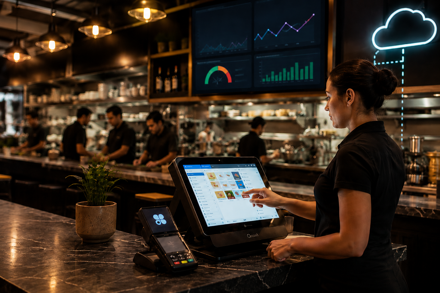 Modern restaurant point-of-sale terminal with dashboard, thermal printer and card reader on a marble counter, warm restaurant ambience behind.
