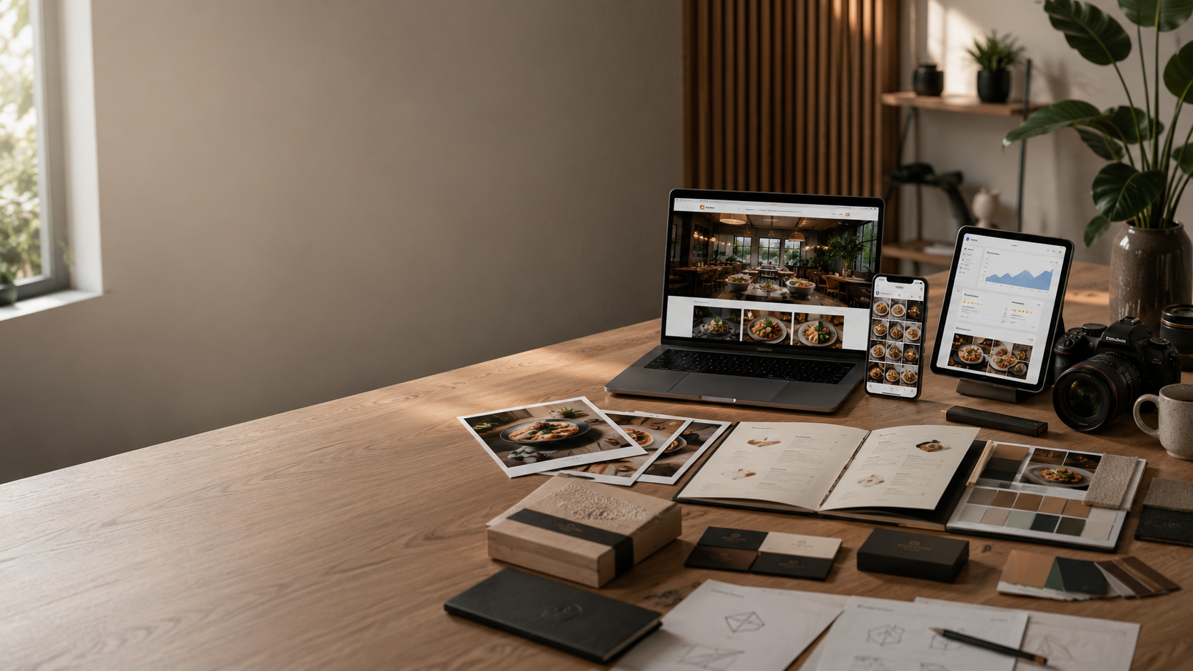 Luxury creative workspace on an oak desk — MacBook showing a modern restaurant website, iPhone with a premium Instagram feed, iPad with Google Business Profile, printed menus, moodboards, color palettes, packaging and camera — Scandinavian studio with natural daylight.