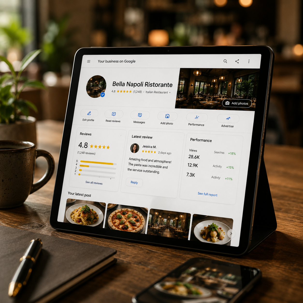 Tablet displaying the Bella Napoli Ristorante Google Business Profile — 4.8-star reviews, latest guest review, performance stats (28.6K views, 12.9K activity) and a photo carousel — on a warm wooden desk with coffee and notebook.