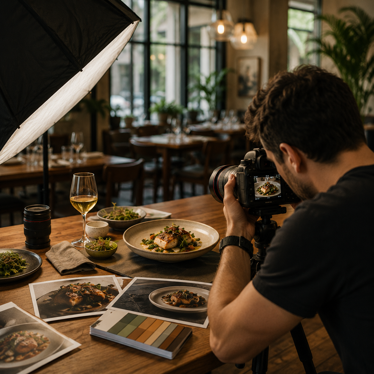 Restaurant food photographer at work — softbox light on a plated fish dish, DSLR camera on tripod capturing the shot, wine glass, extra plates and printed proofs on a wooden dining table with warm restaurant interior behind.