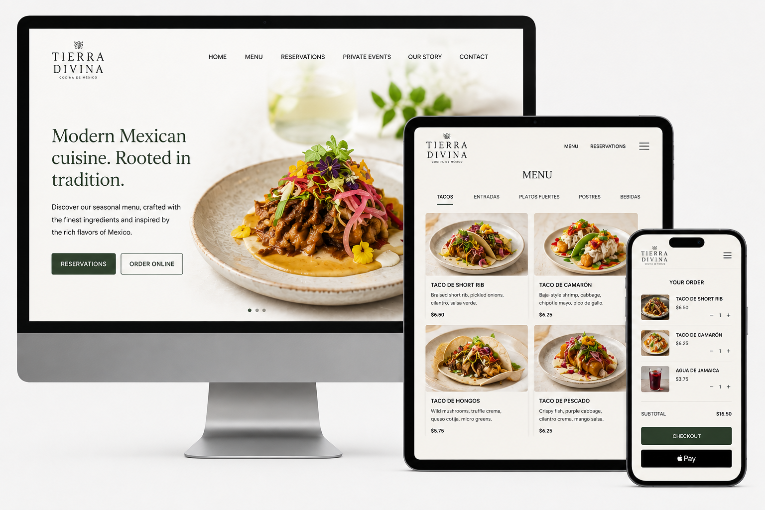 Tierra Divina Cocina de México website across desktop, tablet and mobile — responsive menu grid with tacos, online ordering cart with quantities, subtotal, checkout and Apple Pay.
