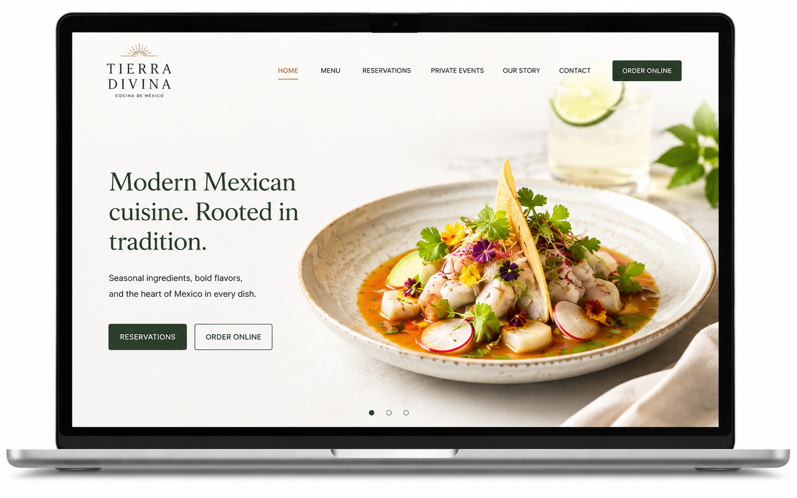 Tierra Divina restaurant website hero on a MacBook — modern Mexican cuisine headline, ceviche dish photography, reservations and order online CTAs.
