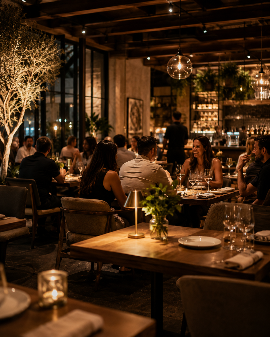Full dining room at night — pendant lights, candles, guests conversing over wine, plants and open bar in the background, cinematic warm palette.