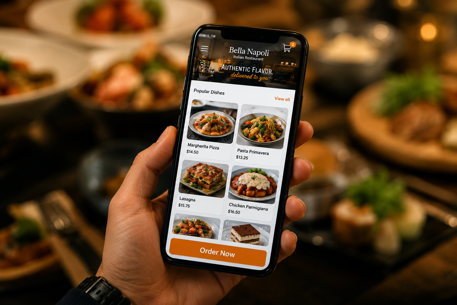 Hand holding a smartphone with a restaurant delivery ordering app — optimized menus, photos and rankings across third-party delivery platforms.