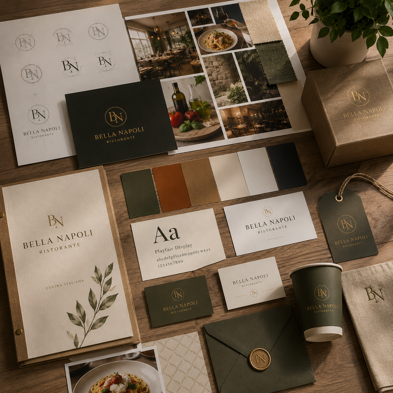 Bella Napoli Ristorante brand identity flat-lay — logo variations, color palette, Playfair Display typography sample, packaging box, business cards, kraft tag, envelope with wax seal and coffee cup — arranged on a warm oak desk.