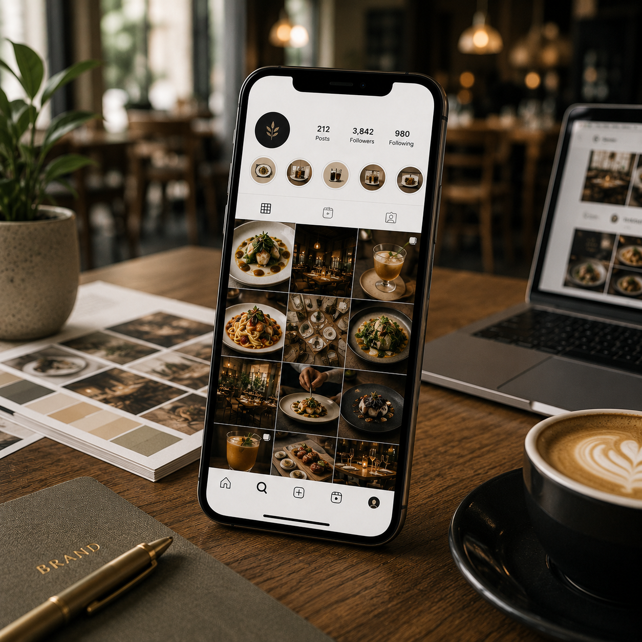 iPhone displaying a curated restaurant Instagram grid — 3,842 followers, 212 posts, cohesive warm palette of plated dishes, cocktails and interiors — staged on a wooden desk with brand notebook, latte art and MacBook alongside.