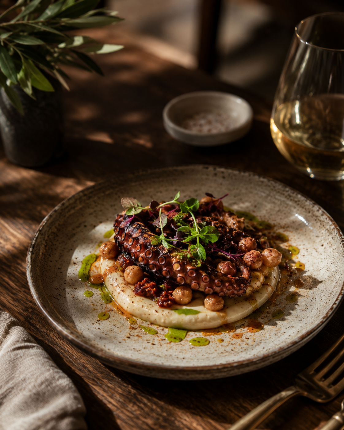 Signature grilled octopus plated over creamy purée with chickpeas, microgreens and herb oil on a stoneware plate — warm cinematic dappled light on a rustic wooden table, olive branch and white wine glass in the frame.
