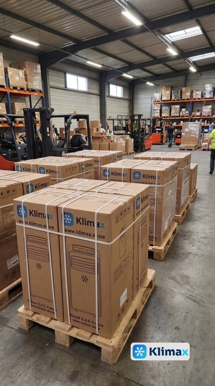 Stock Klimax reçu en entrepôt — palettes de climatiseurs