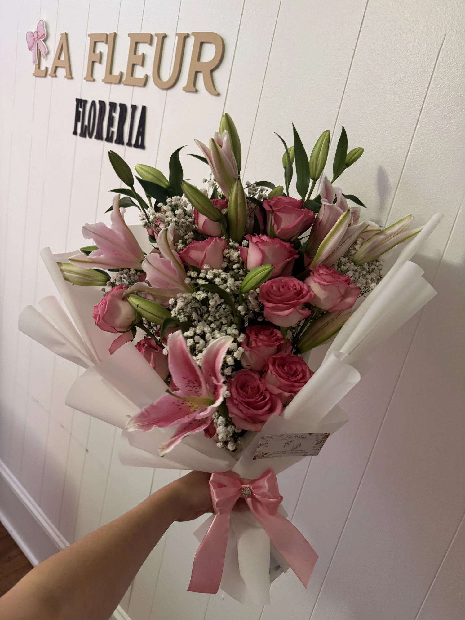 Pink lily and rose bouquet at La Fleur Floreria