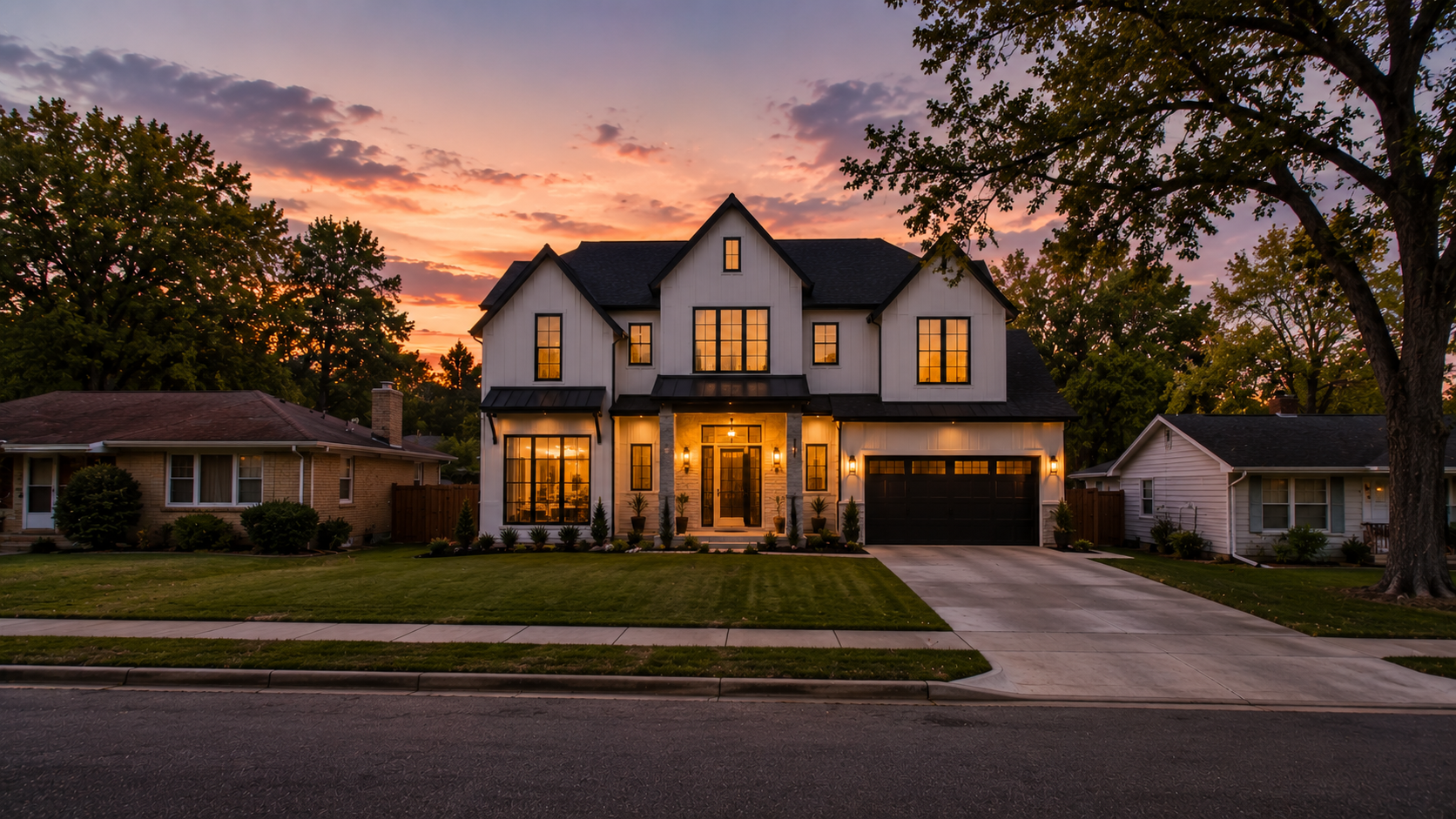 Two-story new-construction home at dusk with warm interior lighting