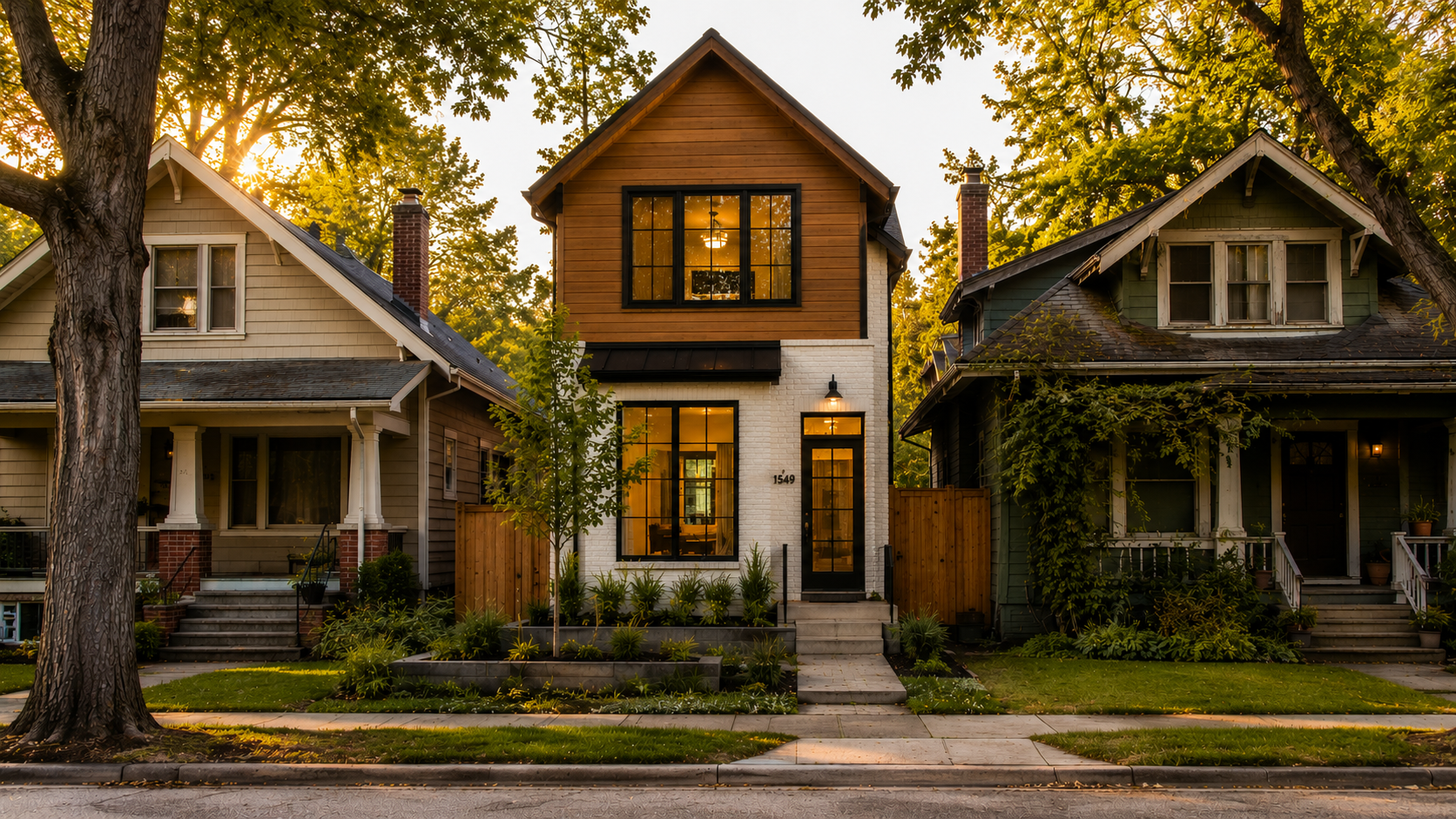 Modern three-story infill home glowing at twilight between older bungalows
