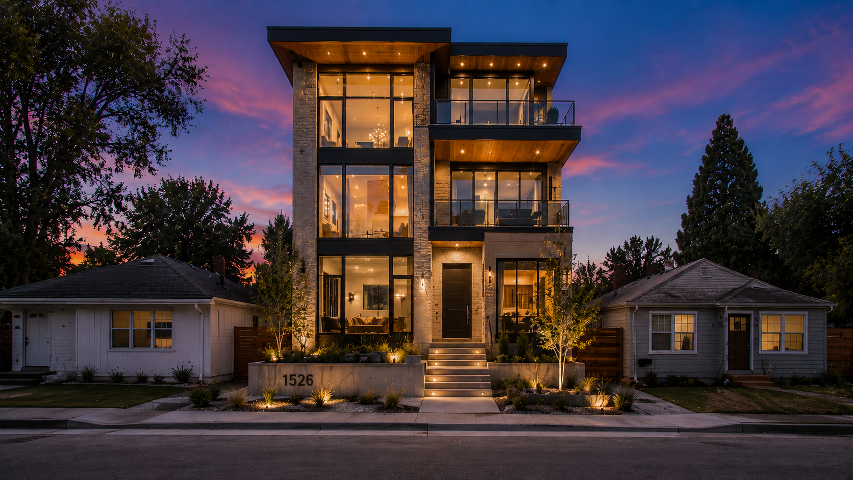 Craftsman-inspired new build on a skinny infill lot at golden hour