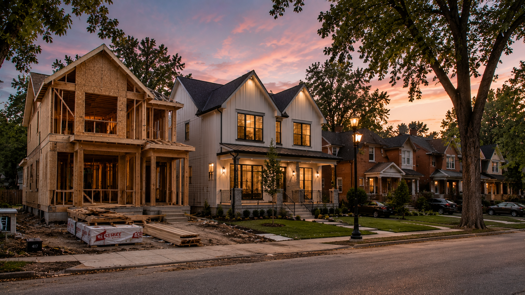 New home framed under construction beside a completed build on the same street at dusk