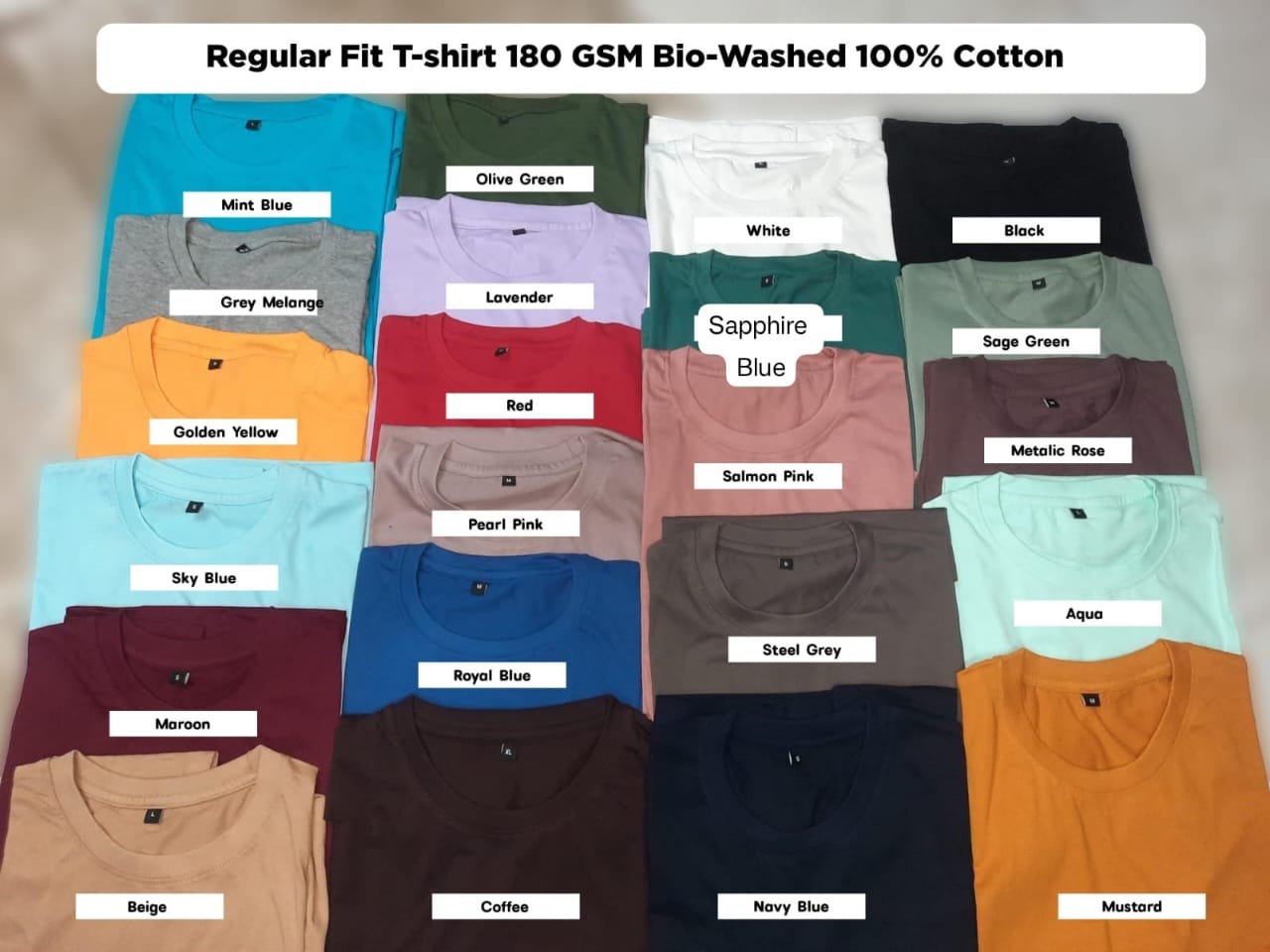 Customade cotton round-neck t-shirt colour chart — 20+ shades