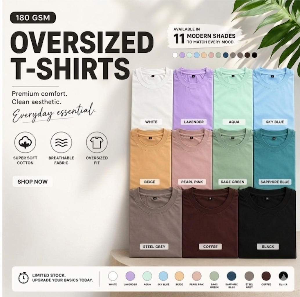 Customade oversized t-shirt colour chart — 11 modern shades, 180 GSM