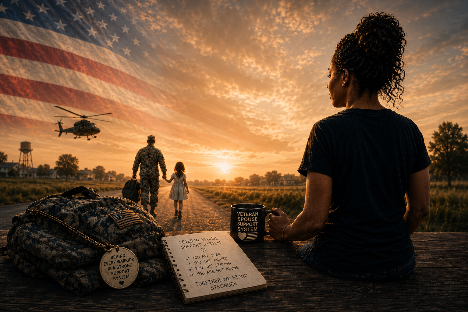 A veteran spouse at sunrise as her soldier and child walk home
