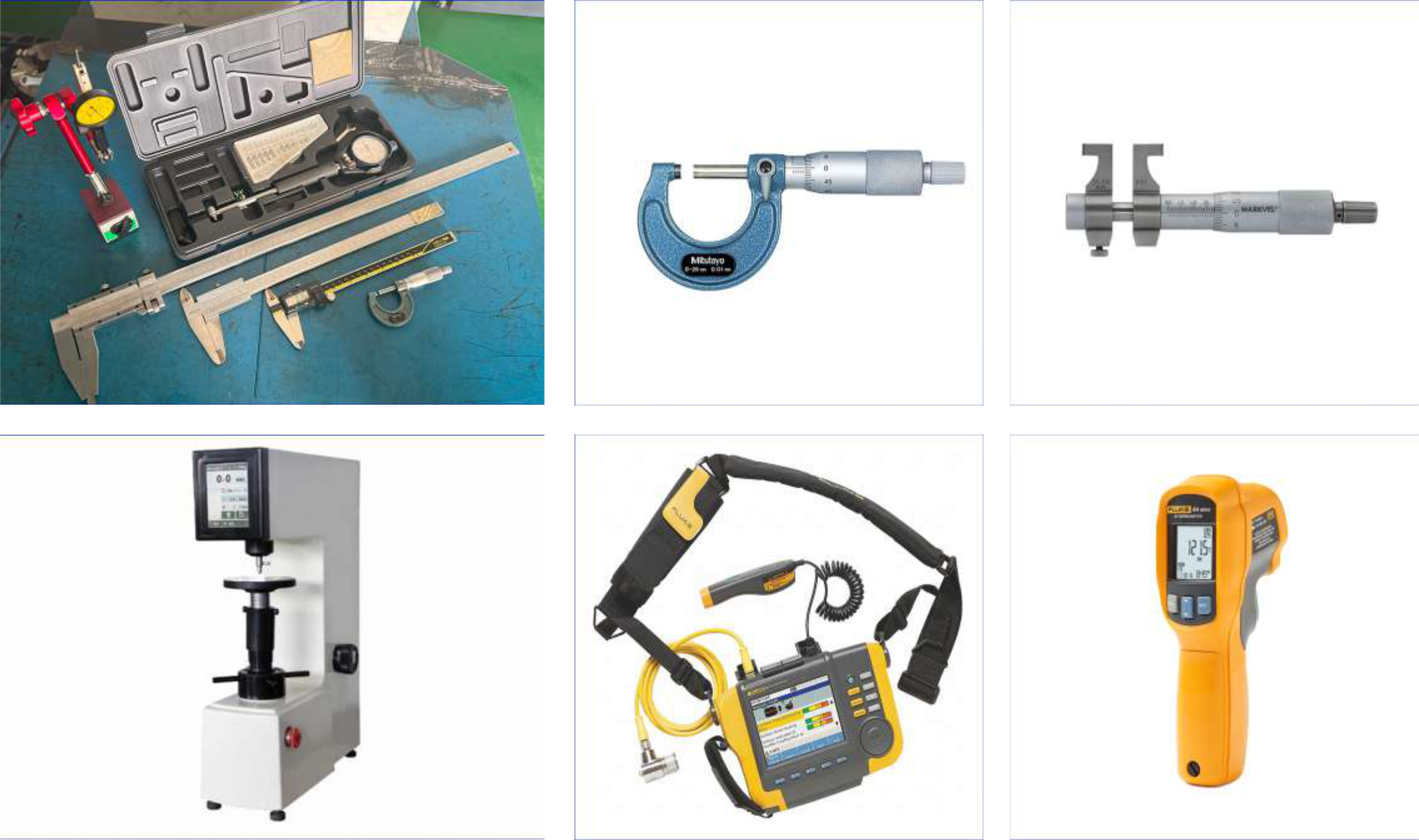 Measuring instruments — caliper kit, micrometer, hardness tester, Fluke meter, IR thermometer