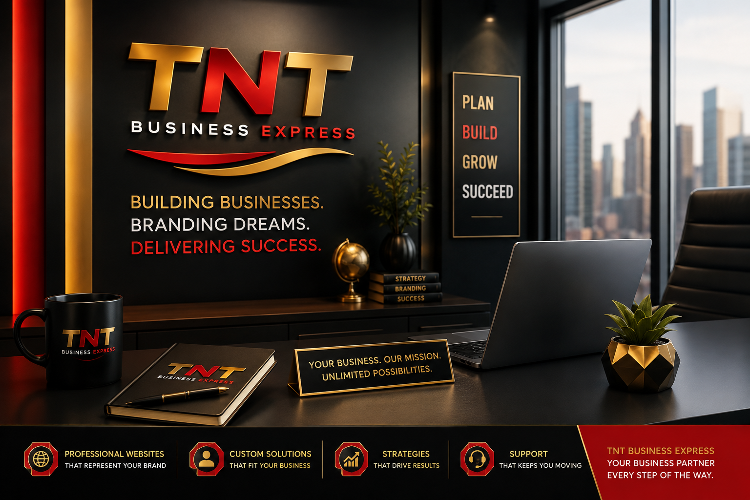 TNT Business Express office — TNT logo wall with tagline Building Businesses · Branding Dreams · Delivering Success, Plan · Build · Grow · Succeed banner, TNT-branded notebook, mug, and laptop on a sleek modern desk overlooking the city.