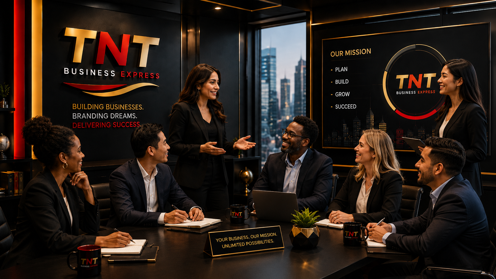 TNT Business Express team — diverse business consultants meeting in a modern boardroom with TNT logo and Our Mission (Plan · Build · Grow · Succeed) wall display.