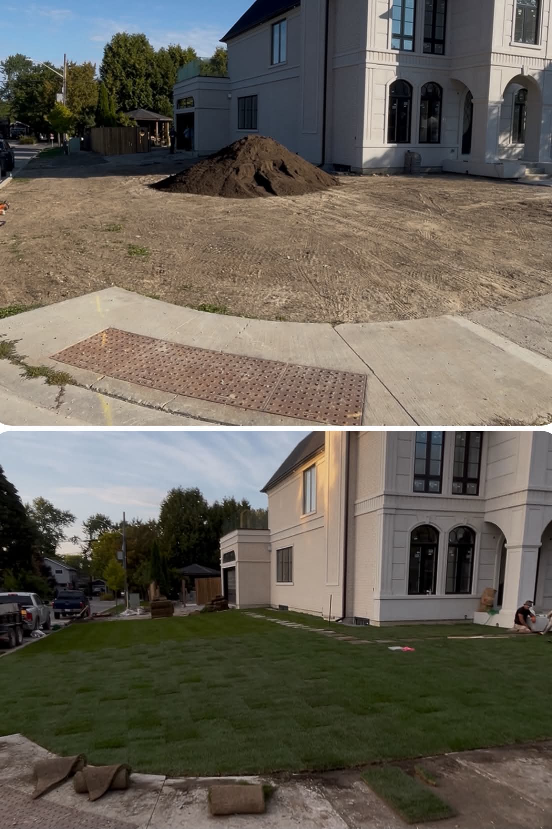 Luxury estate front yard transformation — construction dirt graded and full sod installation