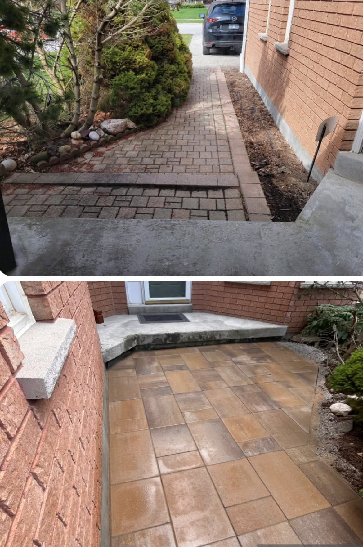 Front entrance interlock transformation — old worn pavers replaced with modern large-format stone