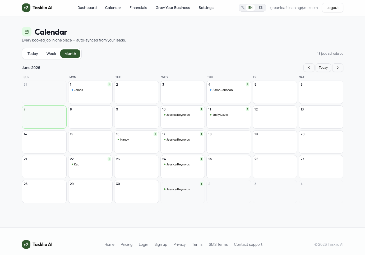 Tasklio calendar showing booked cleaning jobs